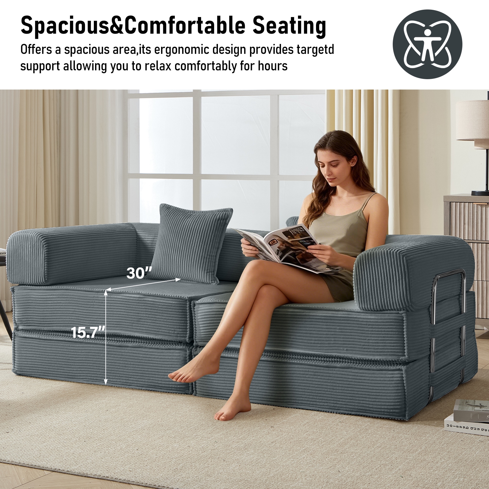 Convertible Sleeper Sofa Bed Grey Modular Corduroy Couch 2 Pillows_voghion.com
